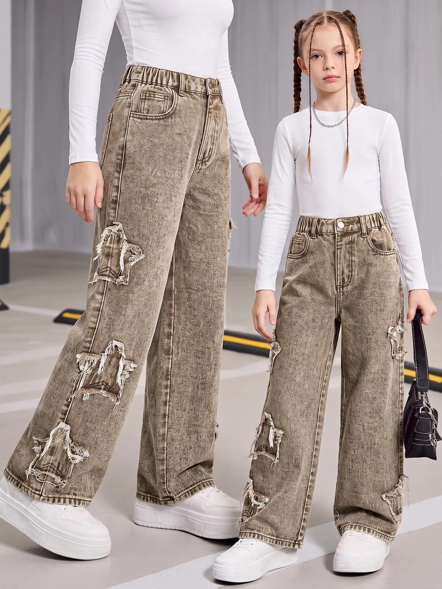 SHEIN Explorewe 女童 Y2K 街頭風新版型牛仔褲,卡其色布料拼接刺繡星星,寬鬆版型,時尚休閒校園度假夏季款 - 咖啡棕 - 查看 1