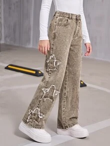 SHEIN Explorewe 女童 Y2K 街頭風新版型牛仔褲，卡其色布料拼接刺繡星星，寬鬆版型，時尚休閒校園度假夏季款 - 咖啡棕 - 查看 4
