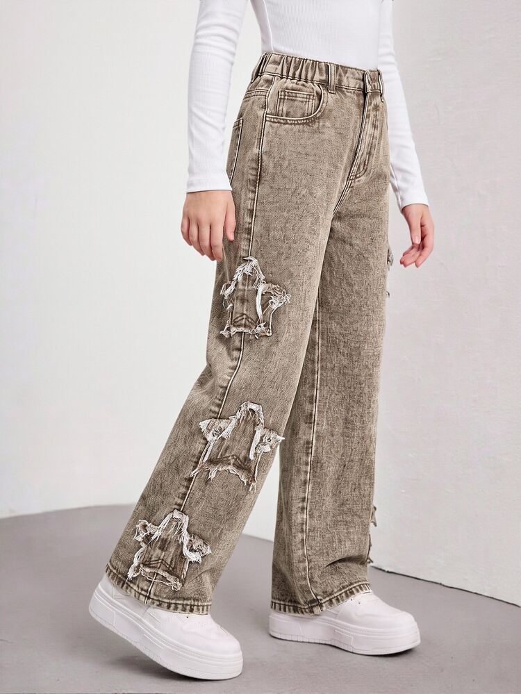 SHEIN Explorewe Girls' Y2K Streetwear Style New Fit Denim Jeans, Khaki Fabric With Patchwork Embroidery Star, Loose Fit, Fashionable Casual School Holiday Summer - Coffee Brown - View 5