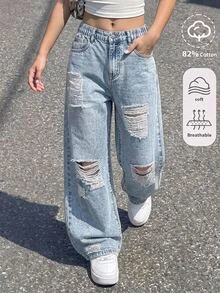 青少年女孩復古寬鬆街頭風廢土風學院風水洗藍色牛仔褲 破洞磨損彈性腰頭鈕扣門襟 夏季舞會款 - 淺色水洗藍 - 查看 13