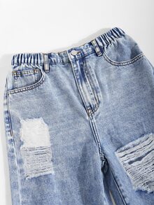 青少年女孩復古寬鬆街頭風廢土風學院風水洗藍色牛仔褲 破洞磨損彈性腰頭鈕扣門襟 夏季舞會款 - 淺色水洗藍 - 查看 12