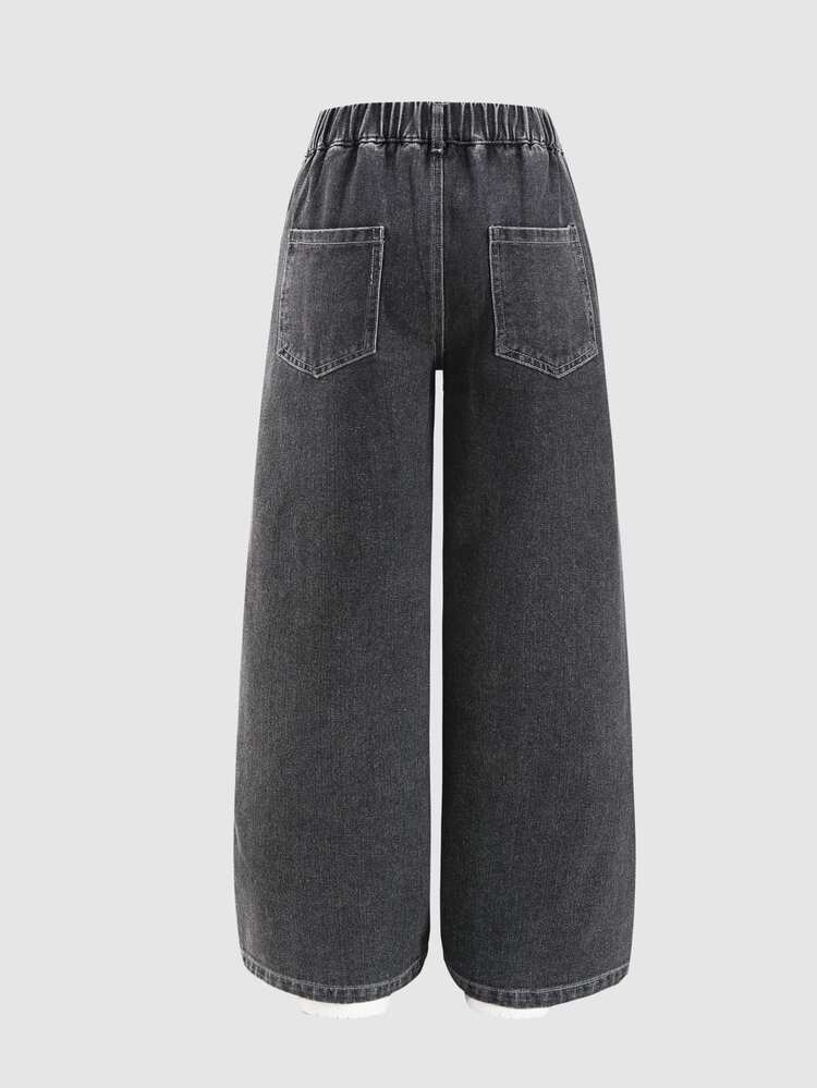 SHEIN Tween Girl Vintage Cowboy Casual Rhinestone Embellished Full-Crystal Shiny Denim Jeans, Blue Washed, Streetwear, Summer Dark Wash School Sports - Medium Wash - View 2