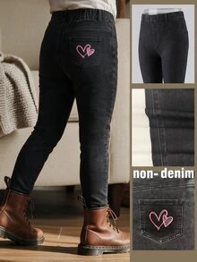 1pc Girls Toddler Autumn/Winter Fashion Versatile Denim Effect Effect Heart Print Knitted Leggings - Grey - View 2