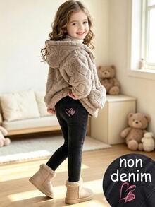 1pc Girls Toddler Autumn/Winter Fashion Versatile Denim Effect Effect Heart Print Knitted Leggings - Grey - View 5
