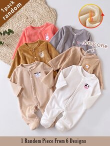 SHEIN 6件隨機發送 1件秋冬新生兒居家連身衣 可愛虎牛象鹿兔動物刺繡 卡其黃杏色灰色淺卡其粉色白色 單面水晶絨毛 絨毛休閒簡約長袖連腳爬行連身衣 - 彩色 - 查看 9