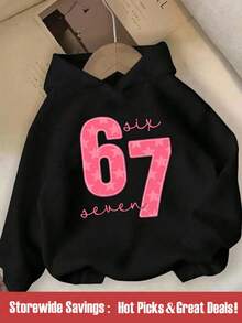 SHEIN 青少年女孩黑色與粉色 67 口號星星印花連帽衛衣 可愛愛心數字上衣 秋季街頭風 K-Pop 休閒流蘇校園風 - 黑色 - 查看 5