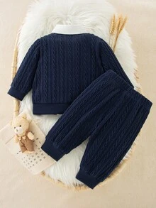 SHEIN 2pcs Newborn Baby Boy Shirt + Pants Gentleman Navy Blue Cable Knit Bear Patch Bow Tie Long Sleeve Collar Regular Wedding Fall Holiday Christmas Ribbed - Blue - View 6
