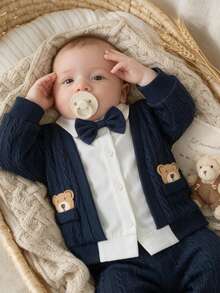 SHEIN 2pcs Newborn Baby Boy Shirt + Pants Gentleman Navy Blue Cable Knit Bear Patch Bow Tie Long Sleeve Collar Regular Wedding Fall Holiday Christmas Ribbed - Blue - View 2