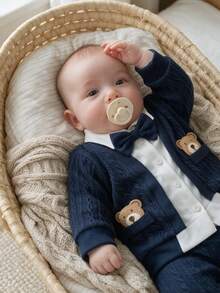 SHEIN 2pcs Newborn Baby Boy Shirt + Pants Gentleman Navy Blue Cable Knit Bear Patch Bow Tie Long Sleeve Collar Regular Wedding Fall Holiday Christmas Ribbed - Blue - View 3