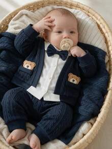 SHEIN 2pcs Newborn Baby Boy Shirt + Pants Gentleman Navy Blue Cable Knit Bear Patch Bow Tie Long Sleeve Collar Regular Wedding Fall Holiday Christmas Ribbed - Blue - View 1