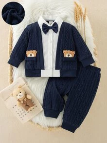SHEIN 2pcs Newborn Baby Boy Shirt + Pants Gentleman Navy Blue Cable Knit Bear Patch Bow Tie Long Sleeve Collar Regular Wedding Fall Holiday Christmas Ribbed - Blue - View 4