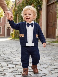 SHEIN 2pcs Newborn Baby Boy Shirt + Pants Gentleman Navy Blue Cable Knit Bear Patch Bow Tie Long Sleeve Collar Regular Wedding Fall Holiday Christmas Ribbed - Blue - View 7