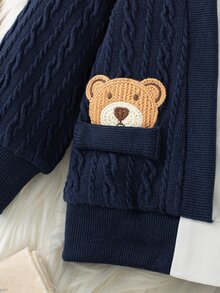 SHEIN 2pcs Newborn Baby Boy Shirt + Pants Gentleman Navy Blue Cable Knit Bear Patch Bow Tie Long Sleeve Collar Regular Wedding Fall Holiday Christmas Ribbed - Blue - View 8
