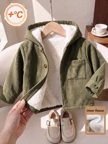 SHEIN Baby Boy Solid Color Button-Front Pocket Corduroy Hooded Long Sleeve Coat, Suitable For Autumn And Winter - Green - View 6