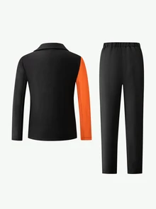 青少年男孩萬聖節拼色拼接夾克長褲紳士風80年代正裝套裝，派對家庭拍照穿著，黑白色，秋季、萬聖節、深秋 - 黑色 - 查看 2