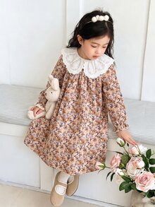 SHEIN Elladie kids 女童寬鬆連身洋裝睡袍 波西米亞仙女公主風 秋季校園度假款 燈芯絨印花彩虹長袖 秋冬生日禮物 7歲生日 - 卡其色 - 查看 7