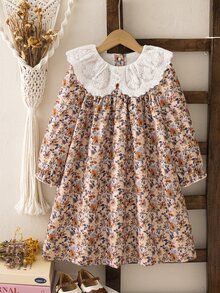 SHEIN Elladie kids 女童寬鬆連身洋裝睡袍 波西米亞仙女公主風 秋季校園度假款 燈芯絨印花彩虹長袖 秋冬生日禮物 7歲生日 - 卡其色 - 查看 8