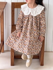 SHEIN Elladie kids 女童寬鬆連身洋裝睡袍 波西米亞仙女公主風 秋季校園度假款 燈芯絨印花彩虹長袖 秋冬生日禮物 7歲生日 - 卡其色 - 查看 6