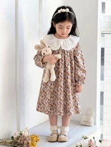 SHEIN Elladie kids 女童寬鬆連身洋裝睡袍 波西米亞仙女公主風 秋季校園度假款 燈芯絨印花彩虹長袖 秋冬生日禮物 7歲生日 - 卡其色 - 查看 5