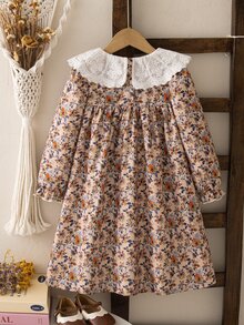 SHEIN Elladie kids 女童寬鬆連身洋裝睡袍 波西米亞仙女公主風 秋季校園度假款 燈芯絨印花彩虹長袖 秋冬生日禮物 7歲生日 - 卡其色 - 查看 3