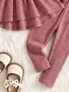 SHEIN Elladie kids Girls Heart & Letter Print Flutter Sleeve Ribbed Brushed Cinched Waist Ruffle Top + Long Pants 2 Pieces Set, Autumn/Winter Casual Outfit - Pink - View 7