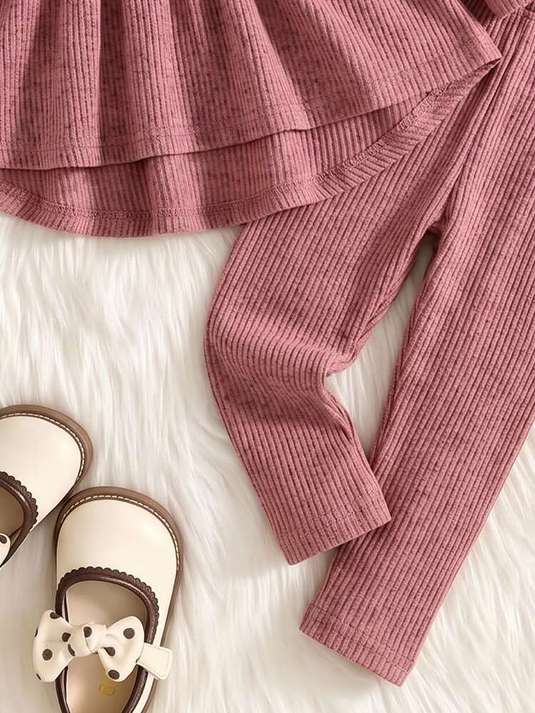 SHEIN Elladie kids Girls Heart & Letter Print Flutter Sleeve Ribbed Brushed Cinched Waist Ruffle Top + Long Pants 2 Pieces Set, Autumn/Winter Casual Outfit - Pink - View 7