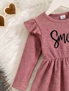 SHEIN Elladie kids Girls Heart & Letter Print Flutter Sleeve Ribbed Brushed Cinched Waist Ruffle Top + Long Pants 2 Pieces Set, Autumn/Winter Casual Outfit - Pink - View 5