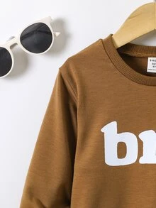 SHEIN Explorewe Sudadera de cuello redondo de manga larga con estampado de letra "Bro." para niño, top holgado casual, sudadera básica diaria para niños en otoño e invierno - Marrón - Ver 7