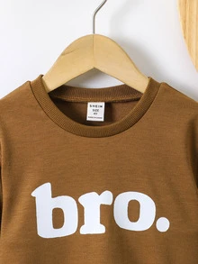 SHEIN Explorewe Sudadera de cuello redondo de manga larga con estampado de letra "Bro." para niño, top holgado casual, sudadera básica diaria para niños en otoño e invierno - Marrón - Ver 6