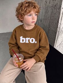 SHEIN Explorewe Sudadera de cuello redondo de manga larga con estampado de letra "Bro." para niño, top holgado casual, sudadera básica diaria para niños en otoño e invierno - Marrón - Ver 3