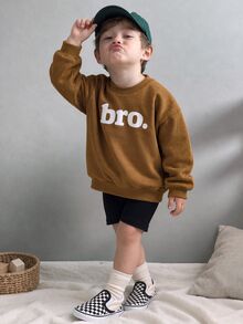 SHEIN Explorewe Sudadera de cuello redondo de manga larga con estampado de letra "Bro." para niño, top holgado casual, sudadera básica diaria para niños en otoño e invierno - Marrón - Ver 2