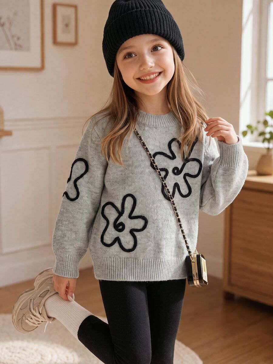 SHEIN Autumn/Winter Girls' Simple Gray Knitted Sweater Top, Elegant Floral Decor Long Sleeve Round Neck Pullover, Suitable For Daily Outings And Casual Wear - Grey - View 1