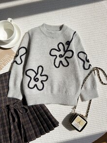 SHEIN Autumn/Winter Girls' Simple Gray Knitted Sweater Top, Elegant Floral Decor Long Sleeve Round Neck Pullover, Suitable For Daily Outings And Casual Wear - Grey - View 3