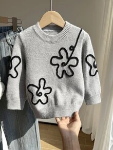 SHEIN Autumn/Winter Girls' Simple Gray Knitted Sweater Top, Elegant Floral Decor Long Sleeve Round Neck Pullover, Suitable For Daily Outings And Casual Wear - Grey - View 4