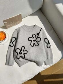 SHEIN Autumn/Winter Girls' Simple Gray Knitted Sweater Top, Elegant Floral Decor Long Sleeve Round Neck Pullover, Suitable For Daily Outings And Casual Wear - Grey - View 7