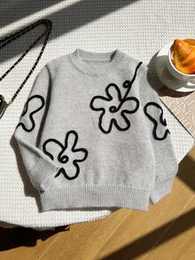 SHEIN Autumn/Winter Girls' Simple Gray Knitted Sweater Top, Elegant Floral Decor Long Sleeve Round Neck Pullover, Suitable For Daily Outings And Casual Wear - Grey - View 5