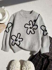 SHEIN Autumn/Winter Girls' Simple Gray Knitted Sweater Top, Elegant Floral Decor Long Sleeve Round Neck Pullover, Suitable For Daily Outings And Casual Wear - Grey - View 6
