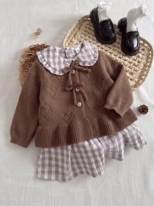 Baby Girl Solid Color Casual Versatile Daily Outing Cardigan - Coffee Brown - View 1