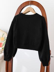 SHEIN 少女黑色白色波點3D蝴蝶結針織開襟衫，可愛校園返校秋季Y2K風格，適合假期、生日、洗禮 - 黑色 - 查看 3