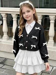 SHEIN 少女黑色白色波點3D蝴蝶結針織開襟衫，可愛校園返校秋季Y2K風格，適合假期、生日、洗禮 - 黑色 - 查看 4