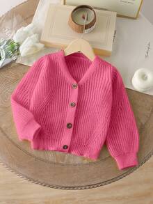 SHEIN Young Girls Toddler Cardigans Baby Pink Knitted Textured V-Neck Lantern Sleeve Ribbed Cuffs Autumn Nursery Baby Shower Princess - Pink - View 2