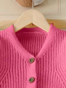 SHEIN Young Girls Toddler Cardigans Baby Pink Knitted Textured V-Neck Lantern Sleeve Ribbed Cuffs Autumn Nursery Baby Shower Princess - Pink - View 5