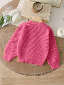 SHEIN Young Girls Toddler Cardigans Baby Pink Knitted Textured V-Neck Lantern Sleeve Ribbed Cuffs Autumn Nursery Baby Shower Princess - Pink - View 3