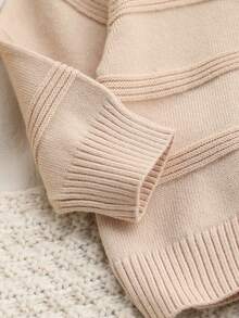 SHEIN Baby Boy Cute Single-Breasted Round Neck Long Sleeve Knit Cardigan And Striped Contrast Color Overall Pants 2 Pieces Set Autumn Winter - Khaki - View 7