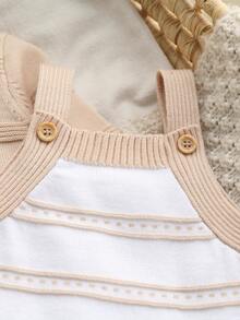 SHEIN Baby Boy Cute Single-Breasted Round Neck Long Sleeve Knit Cardigan And Striped Contrast Color Overall Pants 2 Pieces Set Autumn Winter - Khaki - View 3