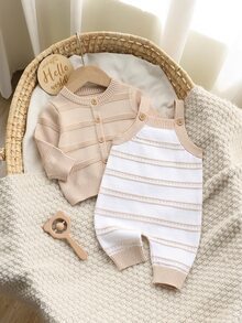 SHEIN Baby Boy Cute Single-Breasted Round Neck Long Sleeve Knit Cardigan And Striped Contrast Color Overall Pants 2 Pieces Set Autumn Winter - Khaki - View 9