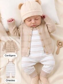 SHEIN Baby Boy Cute Single-Breasted Round Neck Long Sleeve Knit Cardigan And Striped Contrast Color Overall Pants 2 Pieces Set Autumn Winter - Khaki - View 1