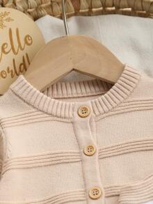 SHEIN Baby Boy Cute Single-Breasted Round Neck Long Sleeve Knit Cardigan And Striped Contrast Color Overall Pants 2 Pieces Set Autumn Winter - Khaki - View 8