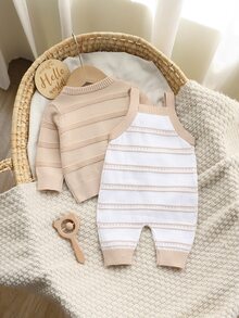 SHEIN Baby Boy Cute Single-Breasted Round Neck Long Sleeve Knit Cardigan And Striped Contrast Color Overall Pants 2 Pieces Set Autumn Winter - Khaki - View 2