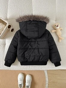 SHEIN 女童 2026 冬季新款連帽厚毛領高腰羅紋修身時尚填充外套，休閒百搭冬季外套 - 黑色 - 查看 3